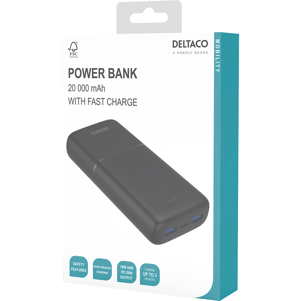 2xUSB+USB-C Powerbank, 20 000 mAh, 20W, svart