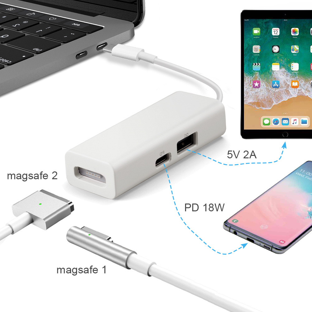 3-i-1 MagSafe till USB-C + USB-adapter, 20V, 3A, 60W, svart