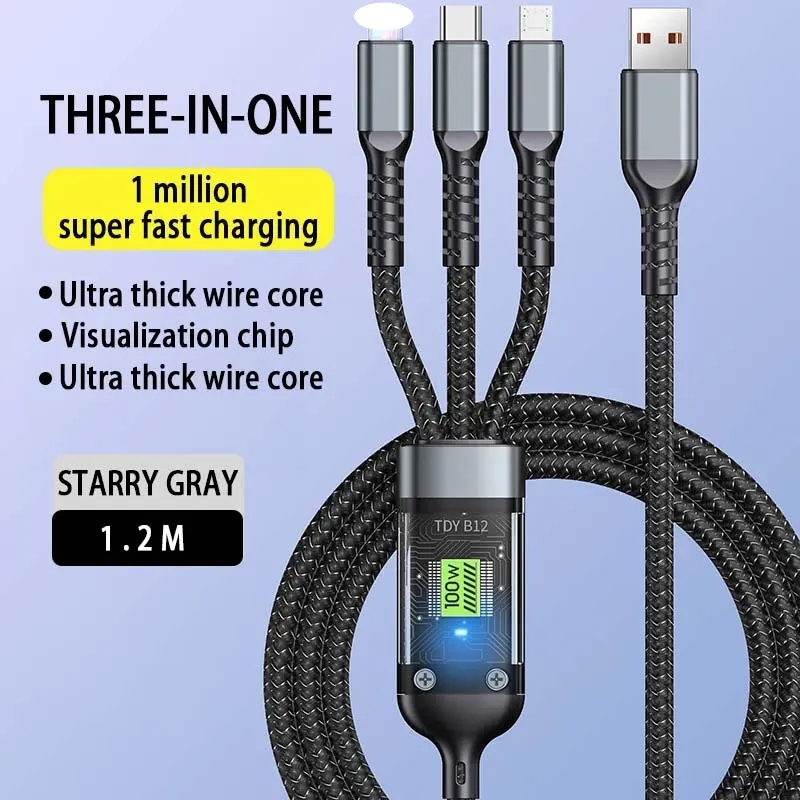 3-i-1 Multikabel, USB-C+MicroUSB+Lightning, 100W, 5A, 1.2m