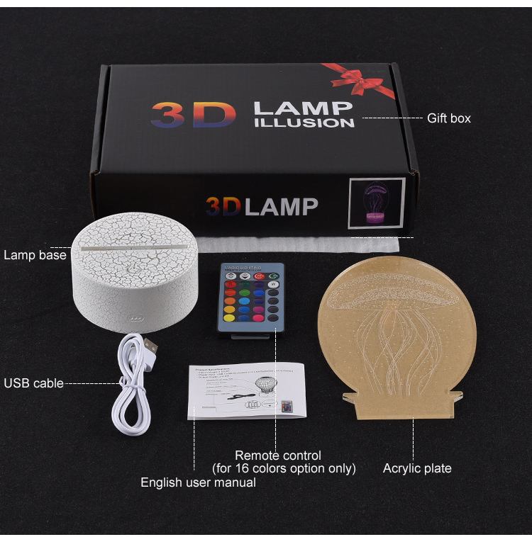 3D Illusion LED-lampa med fjärrkontroll, 16 färger, 2-2.5W