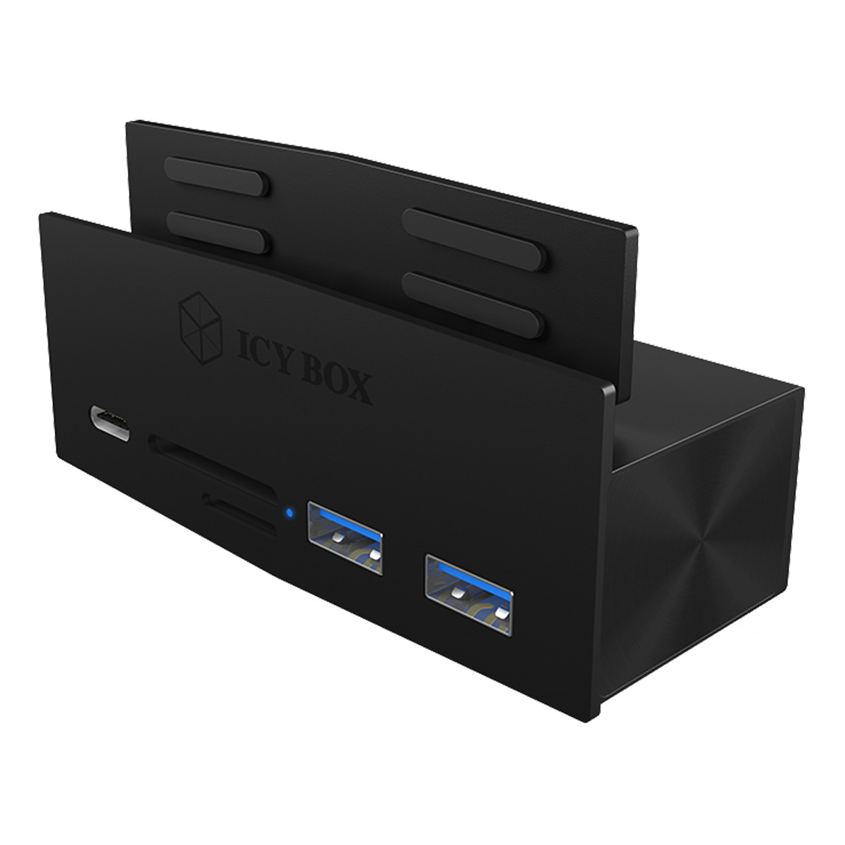 Icy Box 3-port USB 3.0 hubb och kortläsare, klämfäste, svart