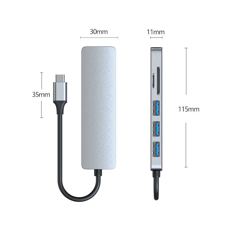 6-i-1 USB-C hubb med 3xUSB 3.0, kortläsare och HDMI, PD, 87W