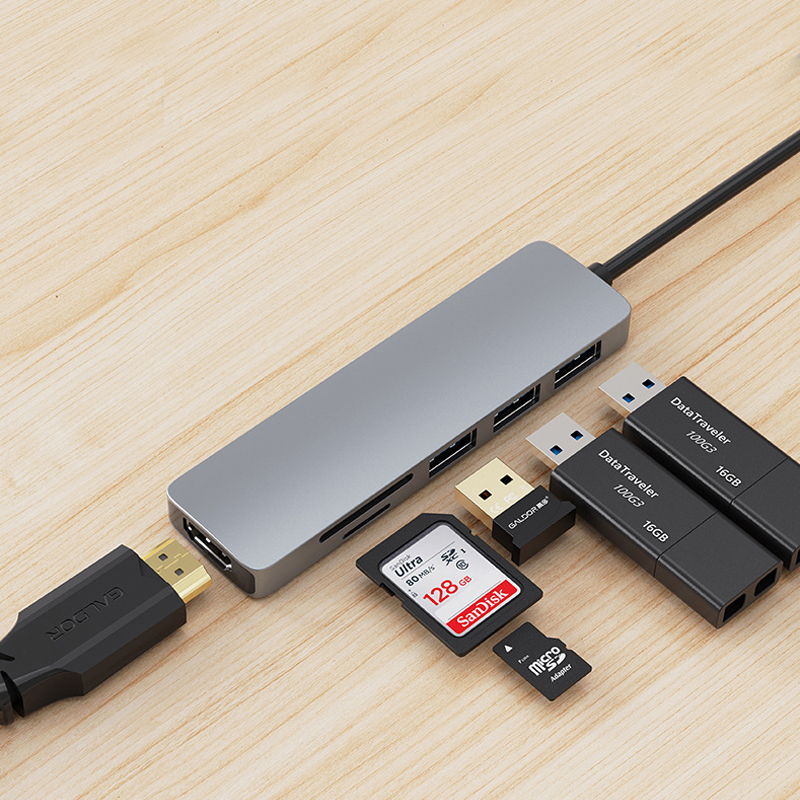 6-i-1 USB-C hubb med 3xUSB 3.0, kortläsare och HDMI, PD, 87W