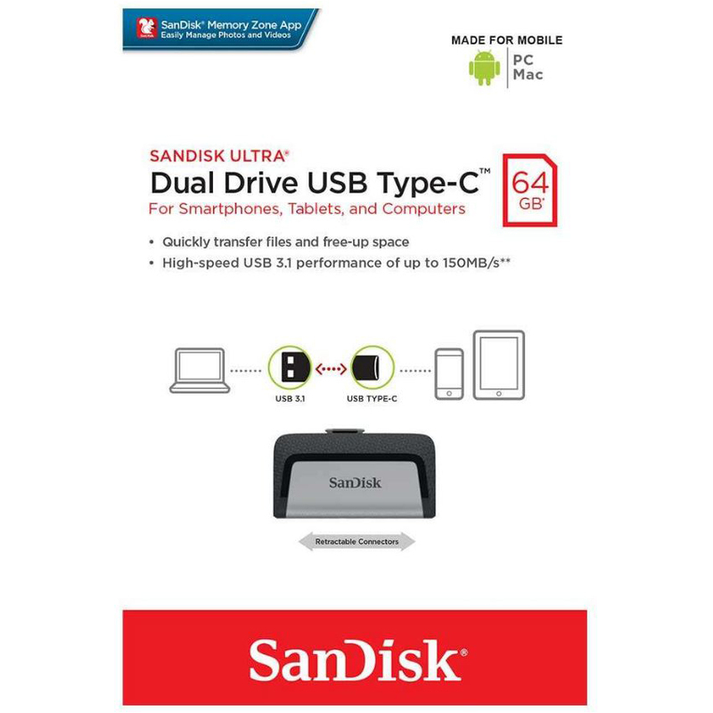 64GB SanDisk Ultra Dual 3.1 USB-minne med dubbla kontakter