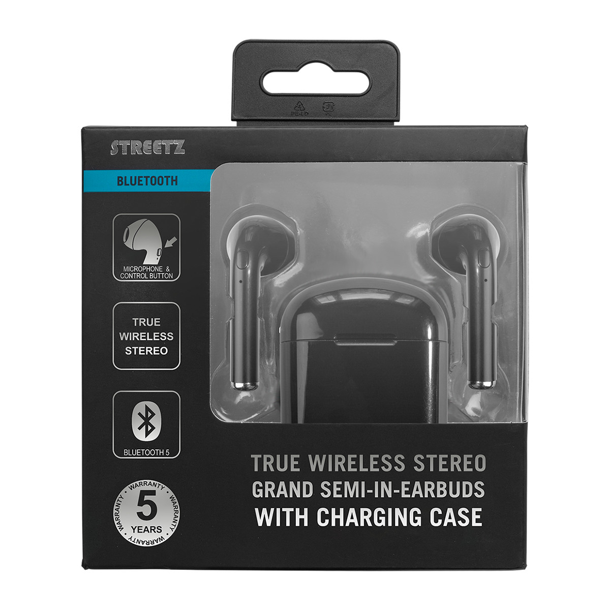 STREETZ trådlösa hörlurar med etui, Bluetooth 5.0, svart