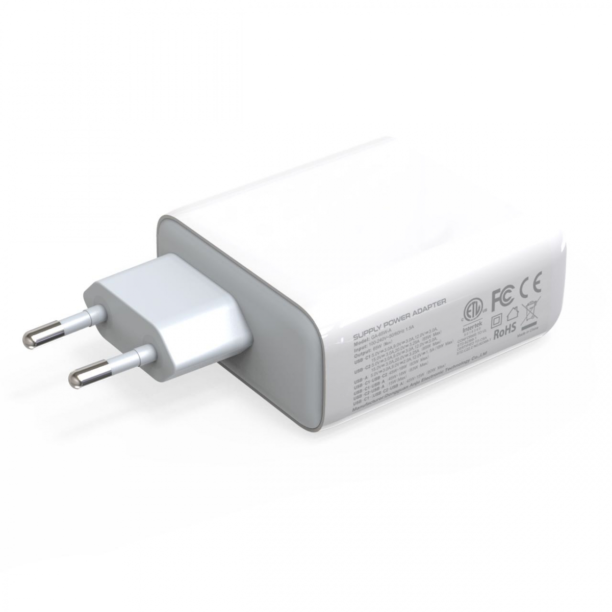 Väggladdare med GaN-teknik, 2xUSC-C + 1xUSB 3.0 QC, kabel, 65W