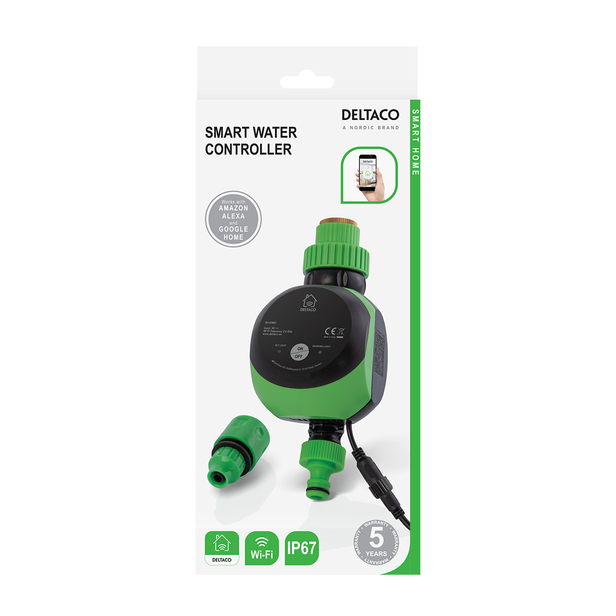 DELTACO SMART HOME smart vattenkontroll, WiFi, 9V, svart/grön