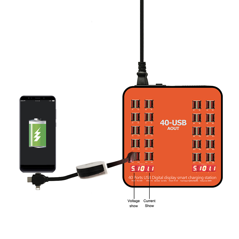 Laddningsstation med LCD-display 40xUSB 3A, 200W