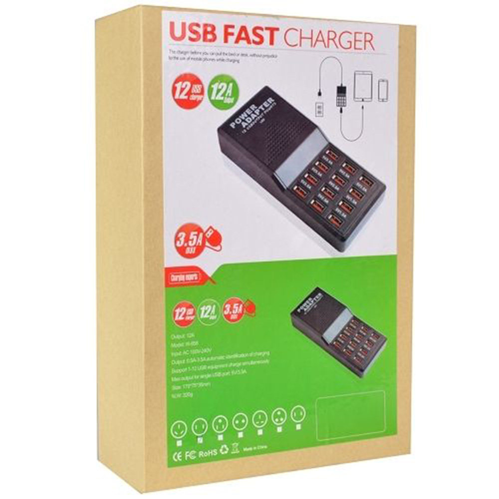 858 AC90-240V 50/60Hz 0.5A USB Charger 12USB 5V~12A 60W