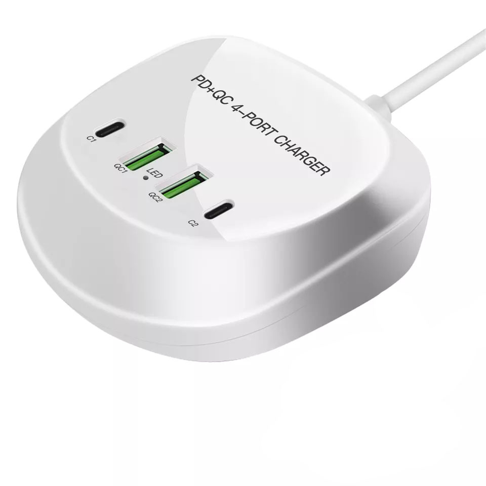 Bärbar USB+USB-C-laddstation med 4 uttag, 20W PD, QC3.0, 40W