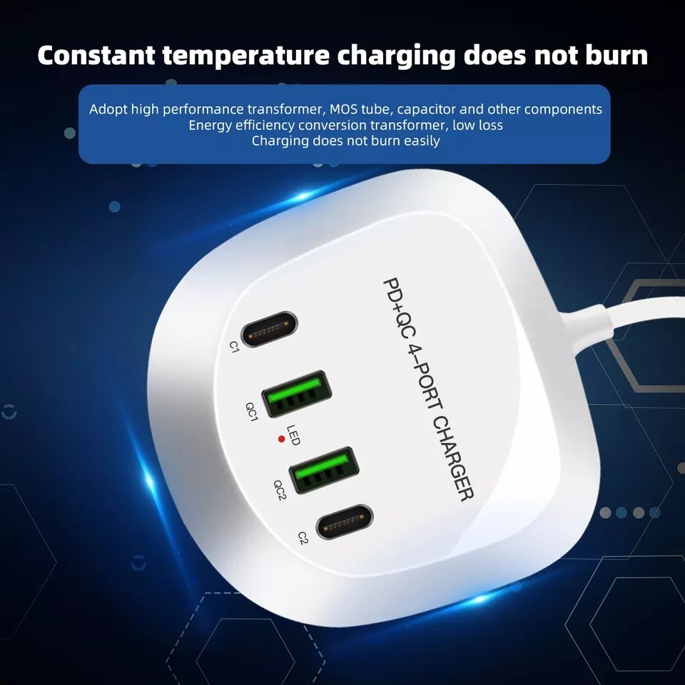 Bärbar USB+USB-C-laddstation med 4 uttag, 20W PD, QC3.0, 40W