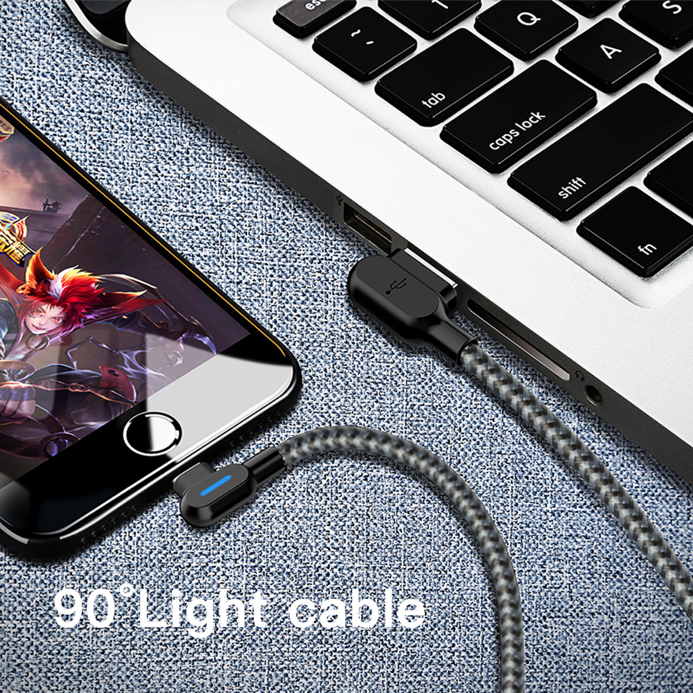 Vinklad Lightning-kabel med snabbladdning, LED, 2.4A, 1m