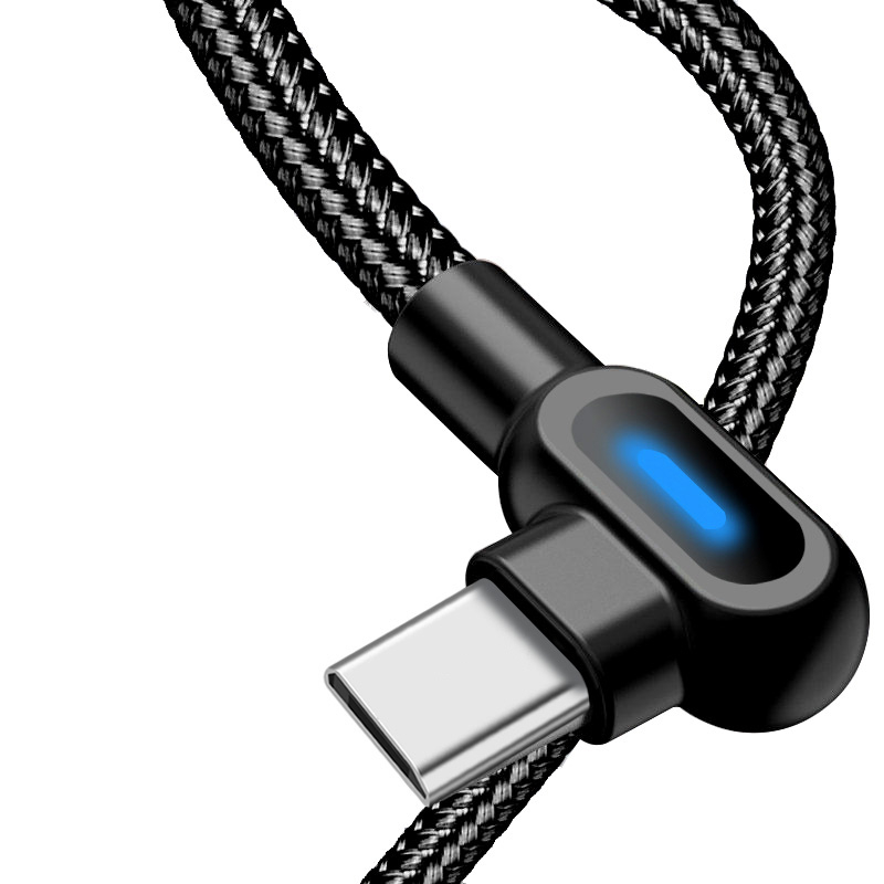 Vinklad MicroUSB-kabel med snabbladdning, LED, 2.4A, 1m