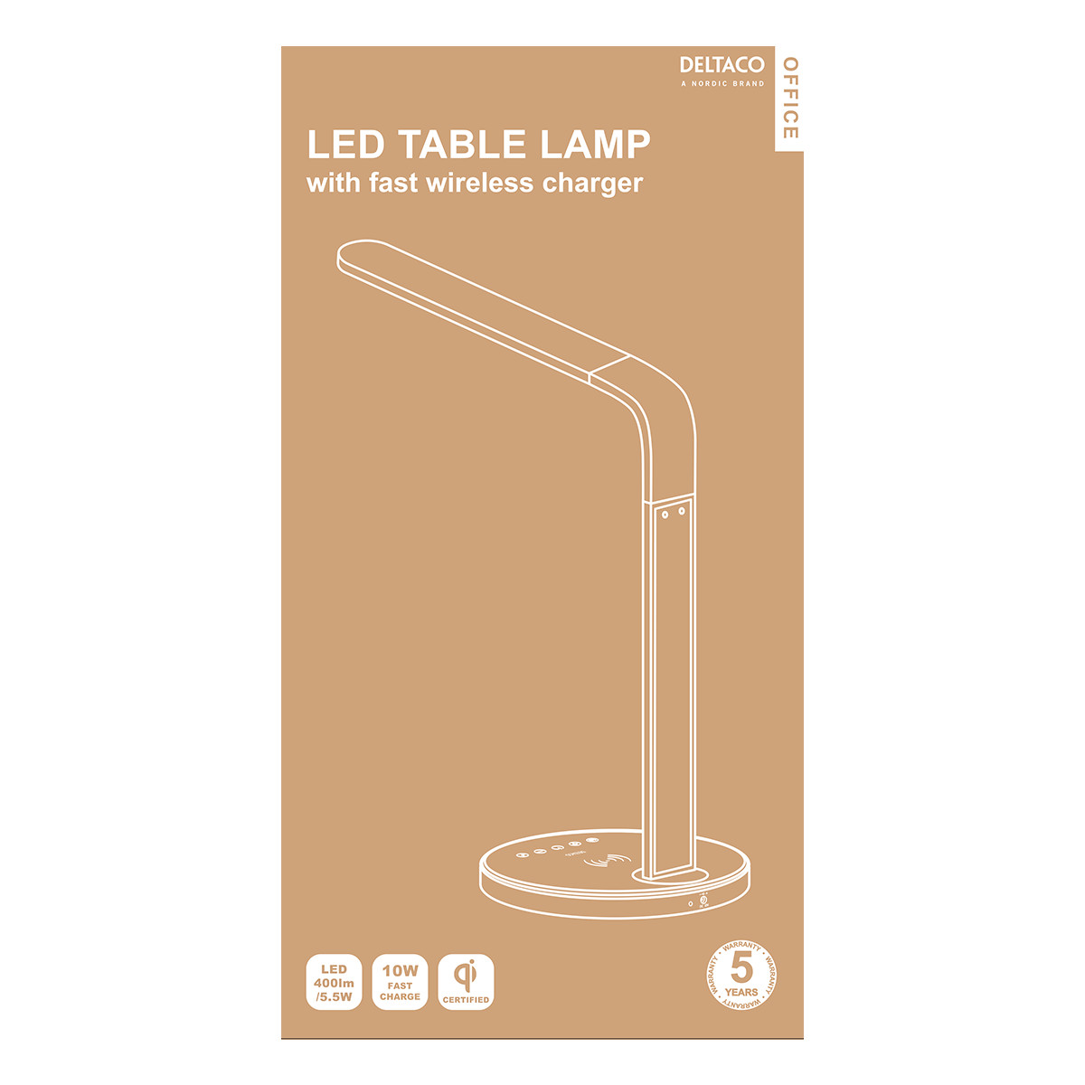 DELTACO Office LED bordslampa med trådlös laddare, 10W, 400lm