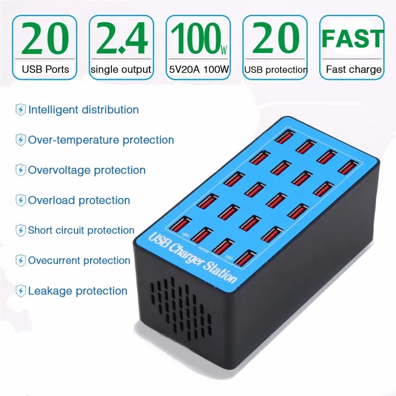 Laddningsstation med 20xUSB 2.4A, 100W, blå