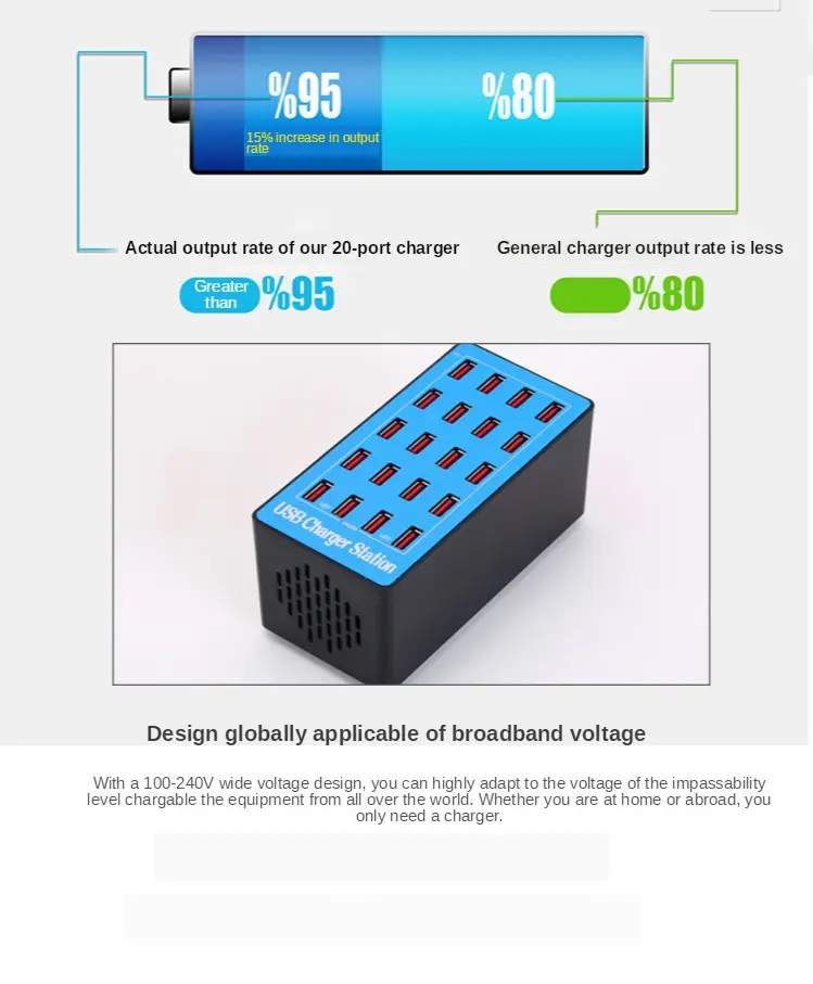 Laddningsstation med 20xUSB 2.4A, 100W, blå