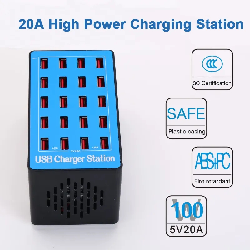 Laddningsstation med 20xUSB 2.4A, 100W, blå