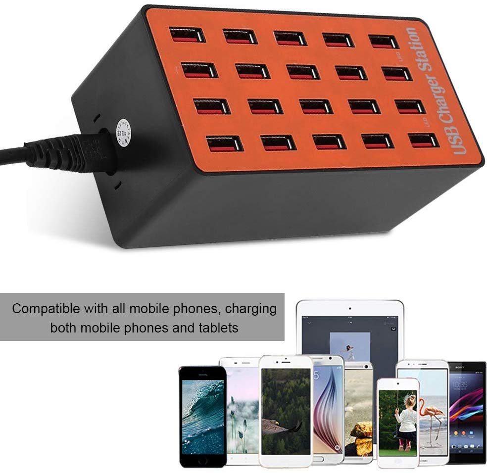 Laddningsstation med 20xUSB 2.4A, 100W, orange