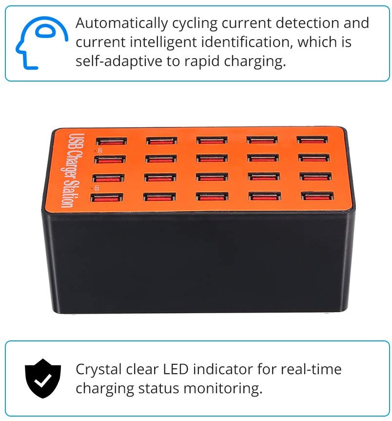 Laddningsstation med 20xUSB 2.4A, 100W, orange