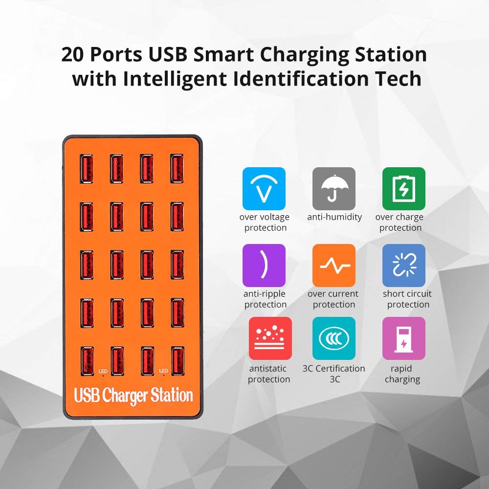 Laddningsstation med 20xUSB 2.4A, 100W, orange