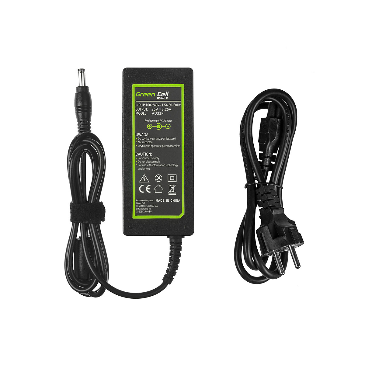AC adapter Green Cell PRO 20V 3.25A 65W for Lenovo B560 B570 G530 G550