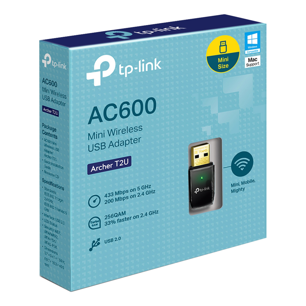 AC600 Wi-Fi USB Adapter, 1T1R,433Mbps at 5GHz + 150Mbps