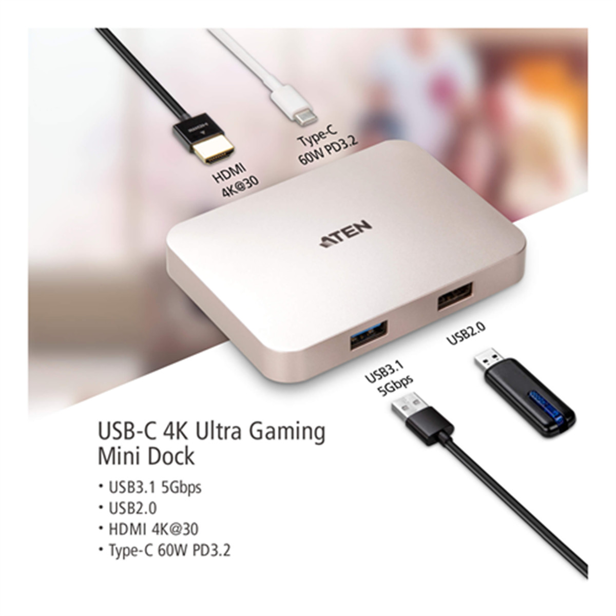 Aten 4K Ultra Mini Dock USB-C dockningsstation, PD, 60W, guld