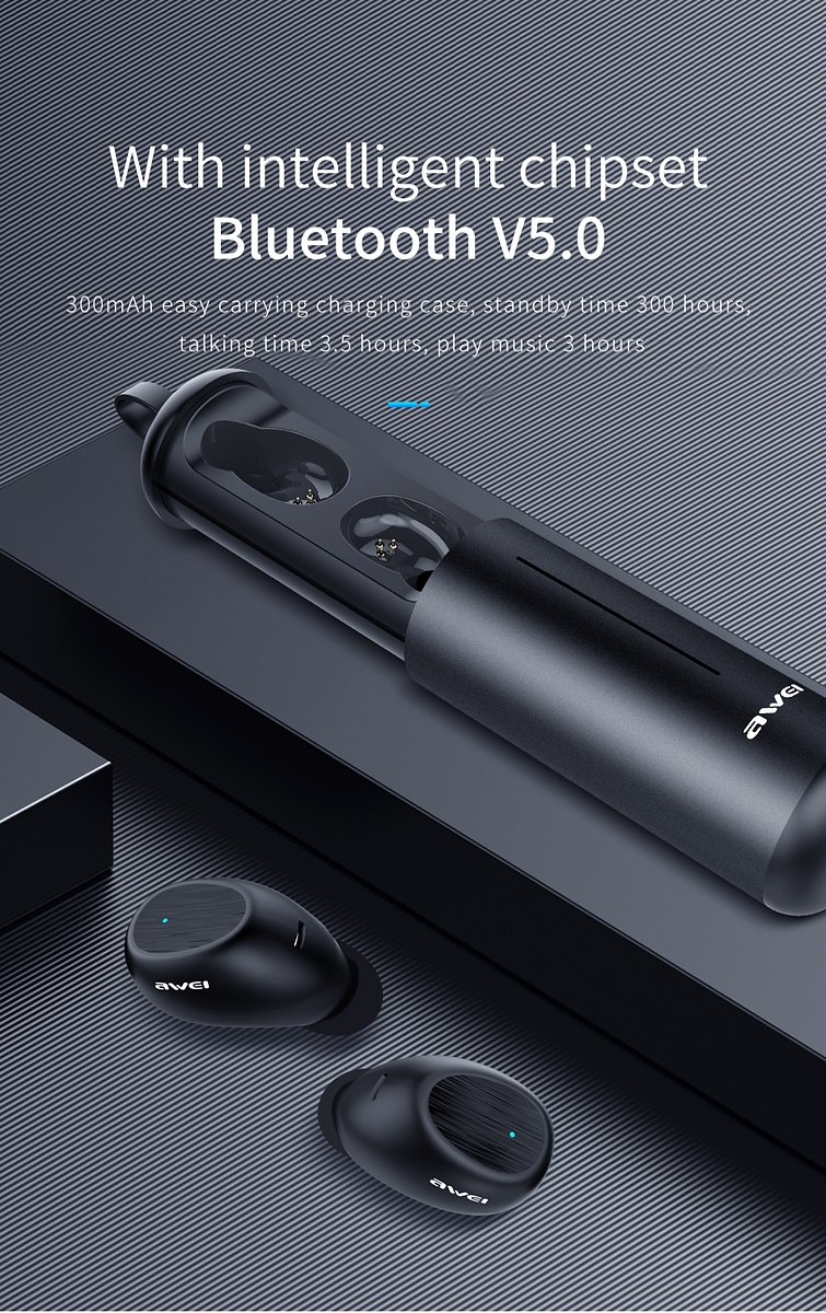 AWEI T55, trådlösa in-ear, Bluetooth 5.0, laddningsbox, svart