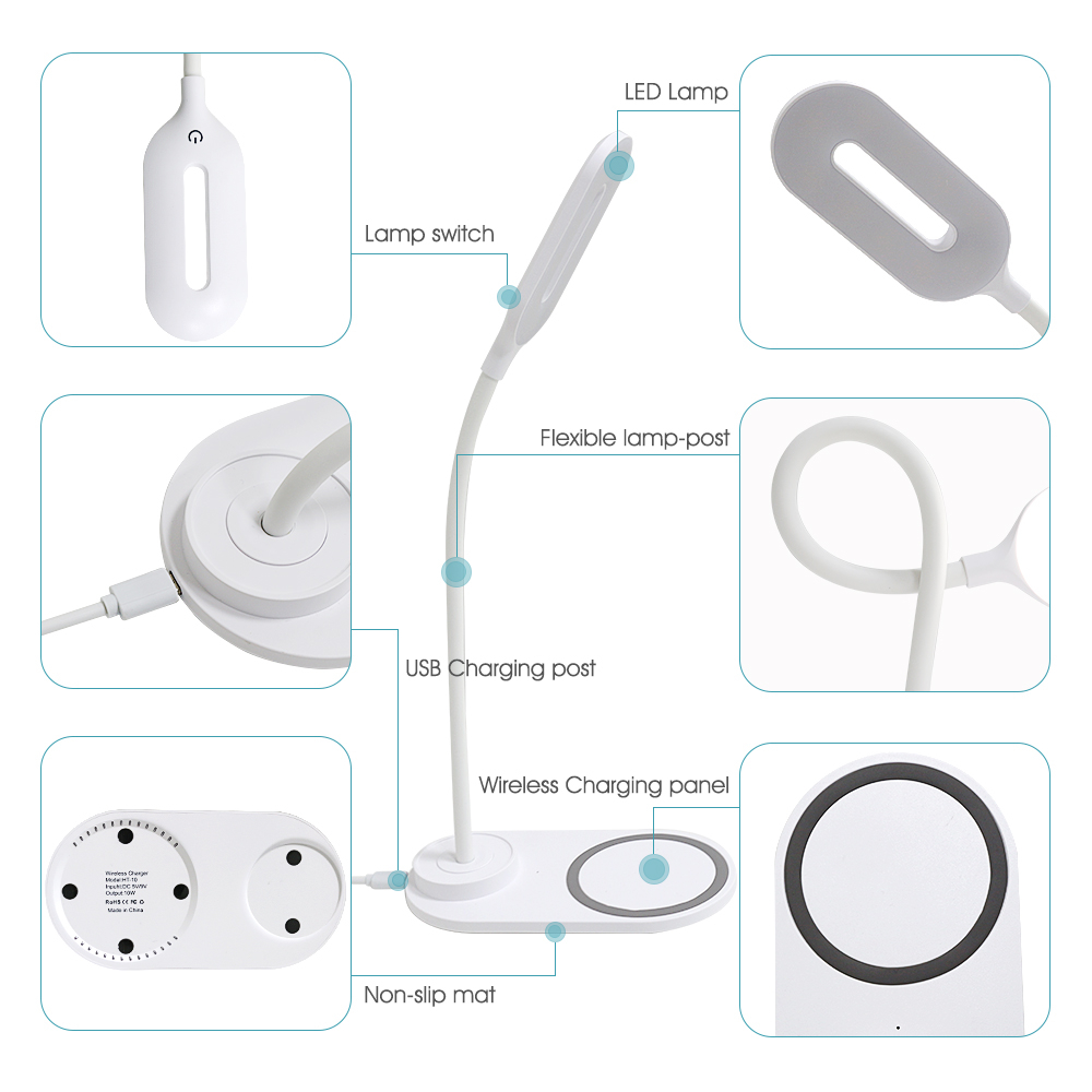 Bordslampa med 3 ljuslägen och trådlös laddare, 10W, vit