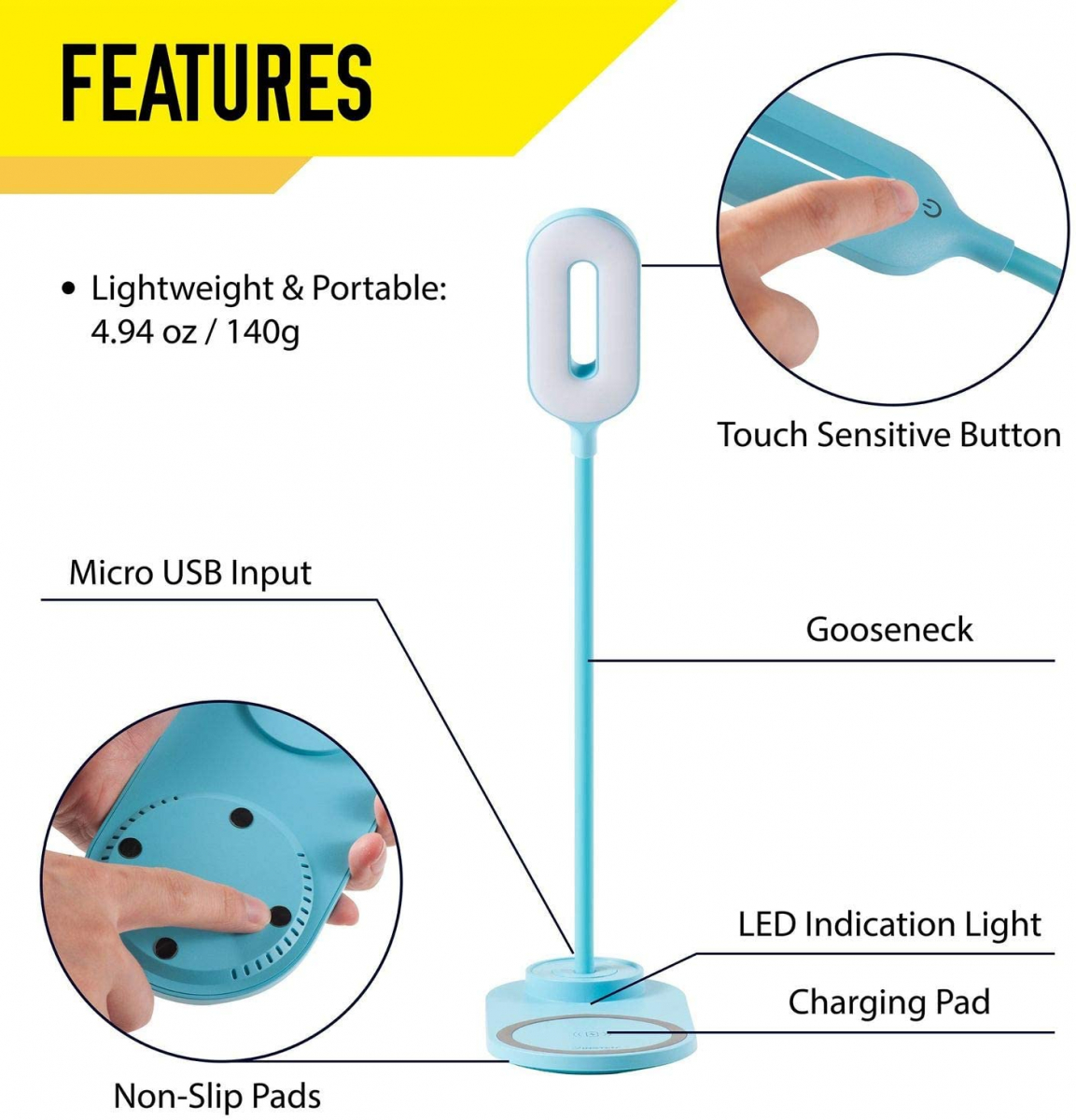 Bordslampa med 3 ljuslägen och trådlös laddare, 10W, blå