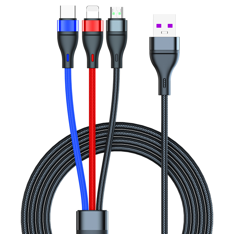 3-i-1 multikabel, USB-C/MicroUSB/Lightning, 5A, 1.2m