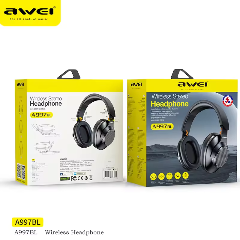 Awei A997BL trådlösa hörlurar, BT5.3, 3.5mm, svart
