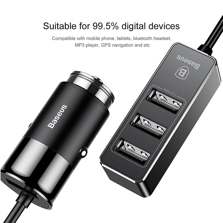 BASEUS smart billaddare 3xUSB-portar + USB-C, 1.5m, USB-hub