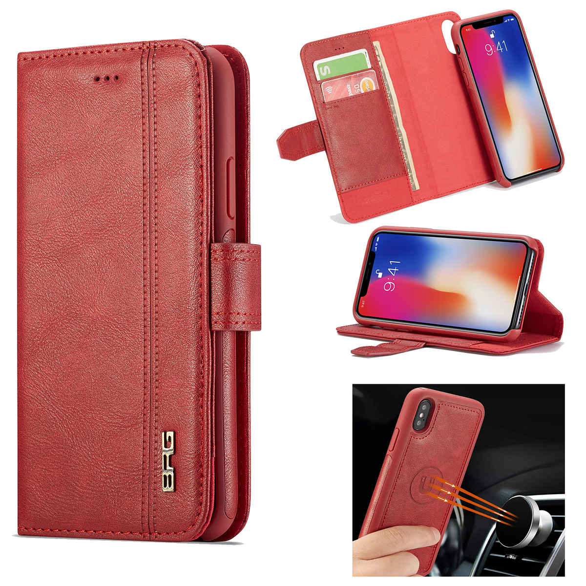 BRG Luxury plånboksfodral med ställ, iPhone XS Max, röd