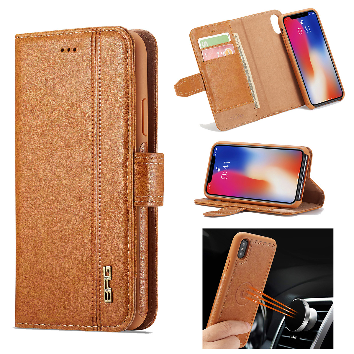 BRG Luxury plånboksfodral med ställ, iPhone X/XS, brun