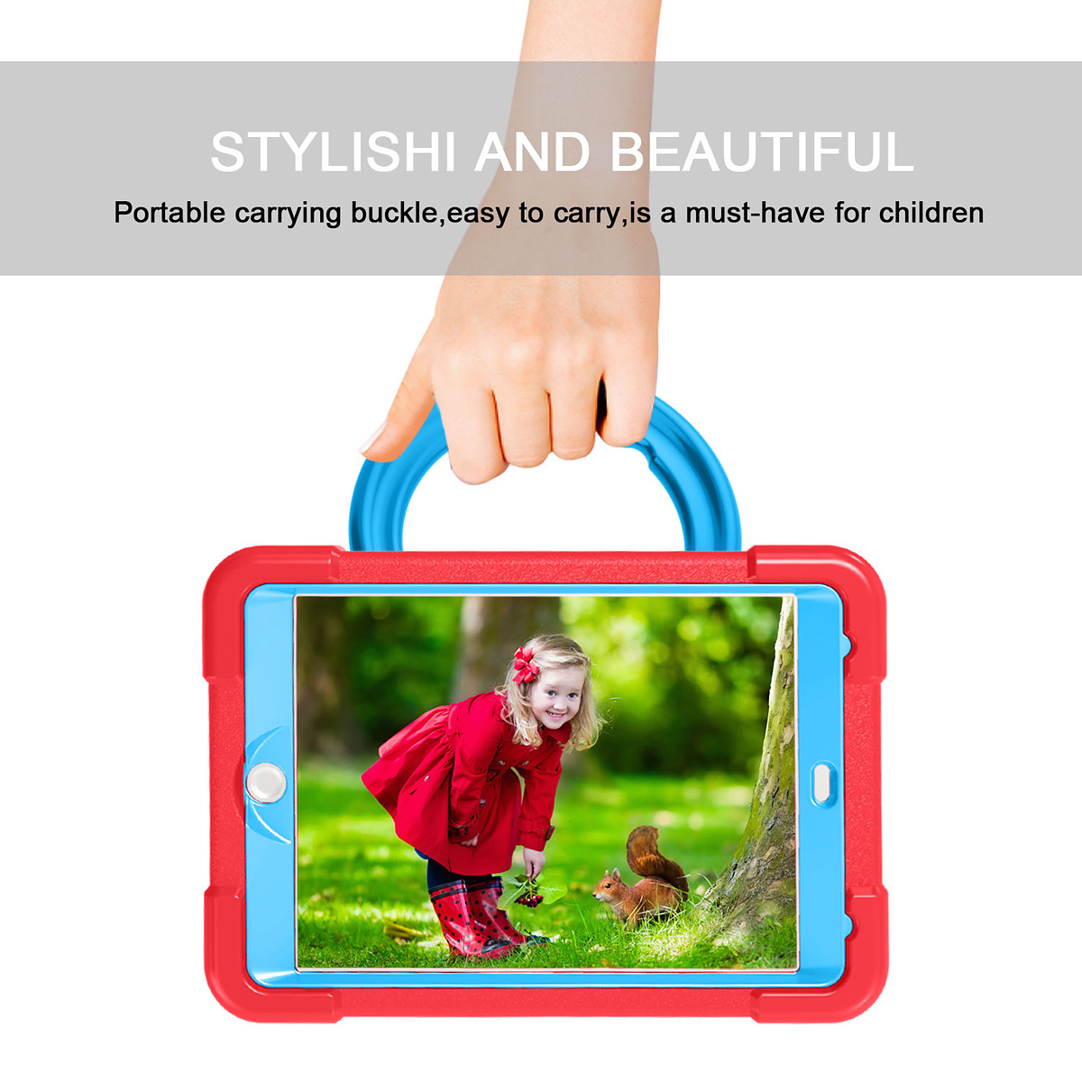 Barnfodral med roterbart ställ, iPad Mini 1/2/3, röd/blå