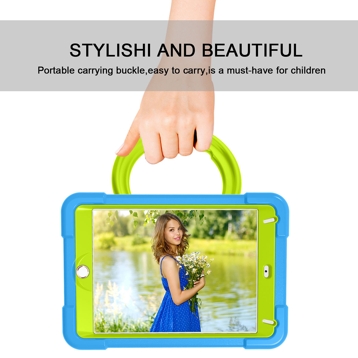 Barnfodral med roterbart ställ, iPad Mini 4/5, blå/grön