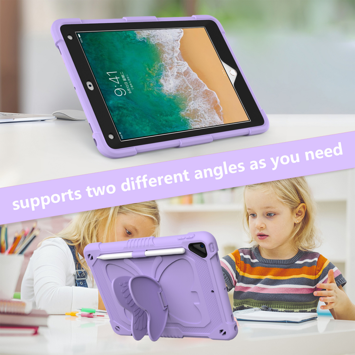 Barnfodral med ställ, iPad Air 2/Pro 9.7/9.7 (2017-2018), lila