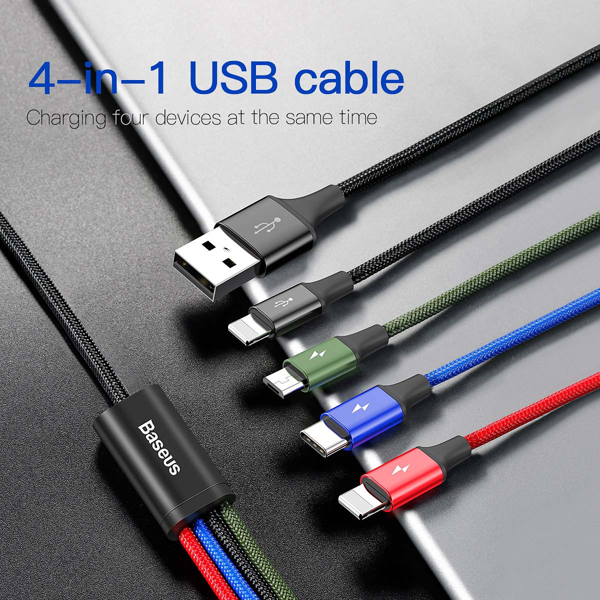 Baseus 4-i-1 multiladdare, USB-C/Lightning/MicroUSB, 3.5A, 1.2m