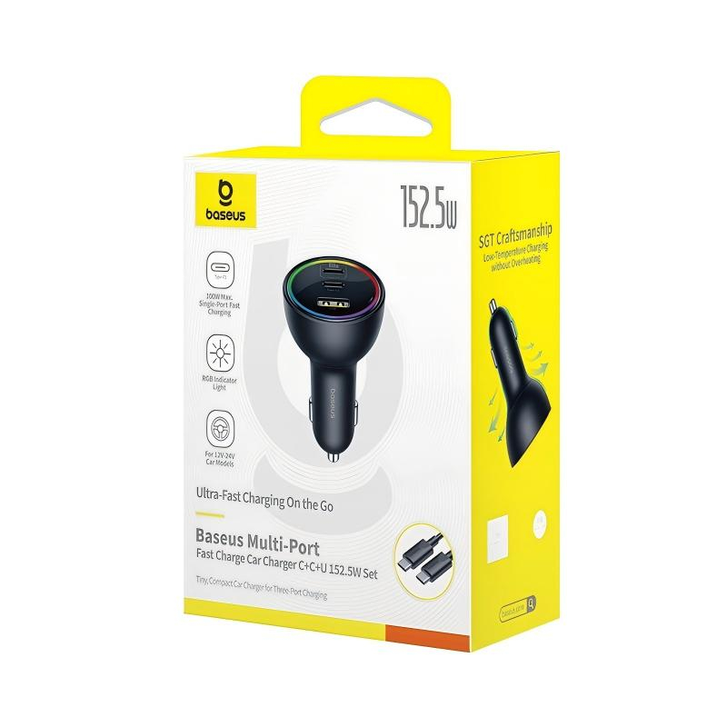 Baseus USB-C + USB-C billaddare med 3 uttag, 152.5W