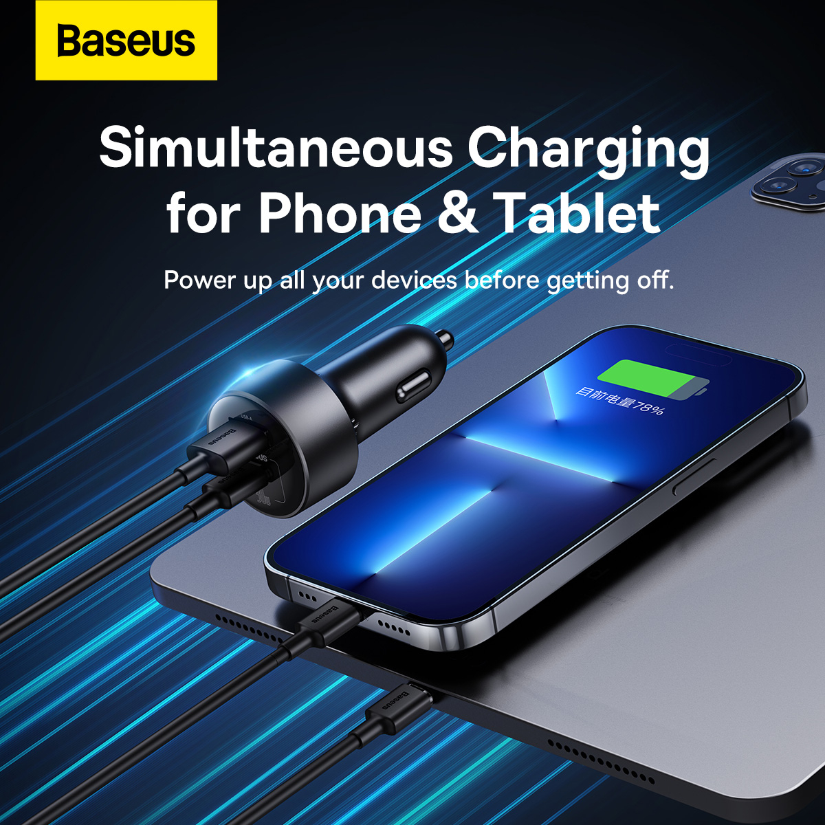 Baseus USB+USB-C billaddare med splitter och avtagbar bas, 30W