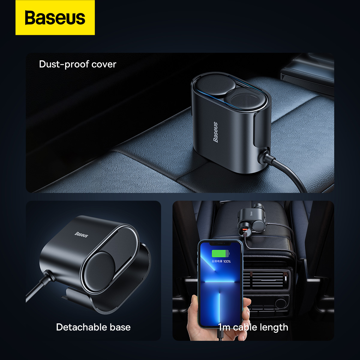 Baseus USB+USB-C billaddare med splitter och avtagbar bas, 30W