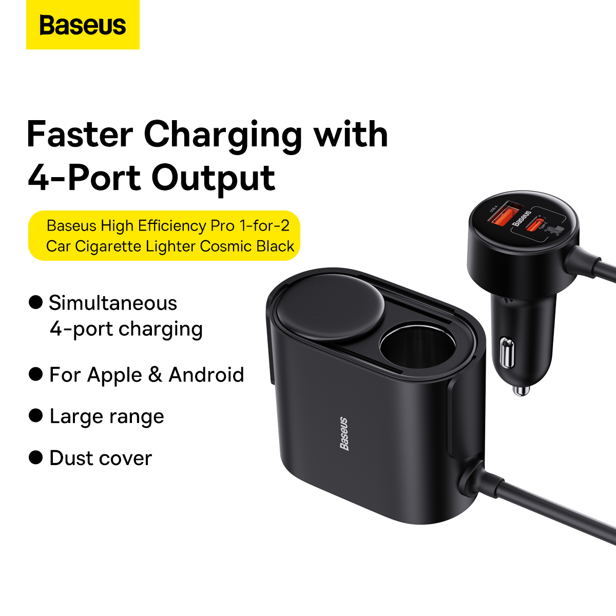 Baseus USB+USB-C billaddare med splitter och avtagbar bas, 30W