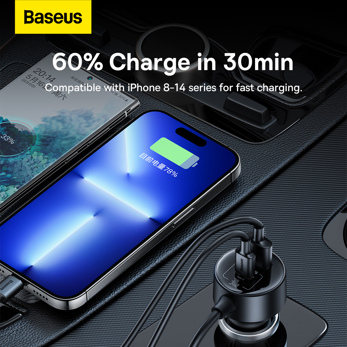 Baseus USB+USB-C billaddare med splitter och avtagbar bas, 30W