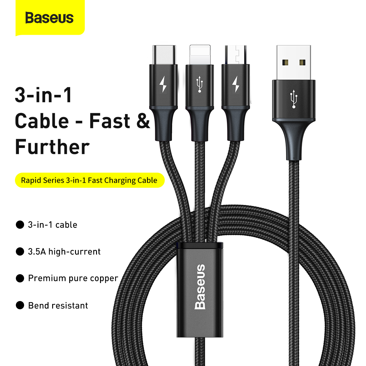 Baseus Rapid Series 3-i-1 multikabel, 3.5A, 1.2m, svart