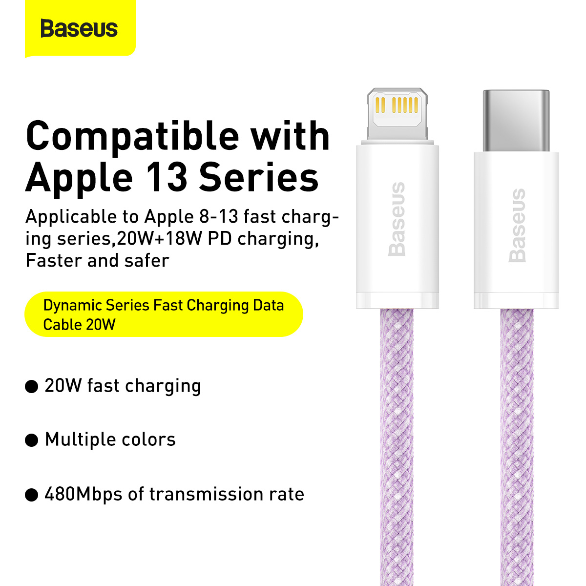 Baseus Dynamic USB-C till Lightning-kabel, 20W, 2m, lila