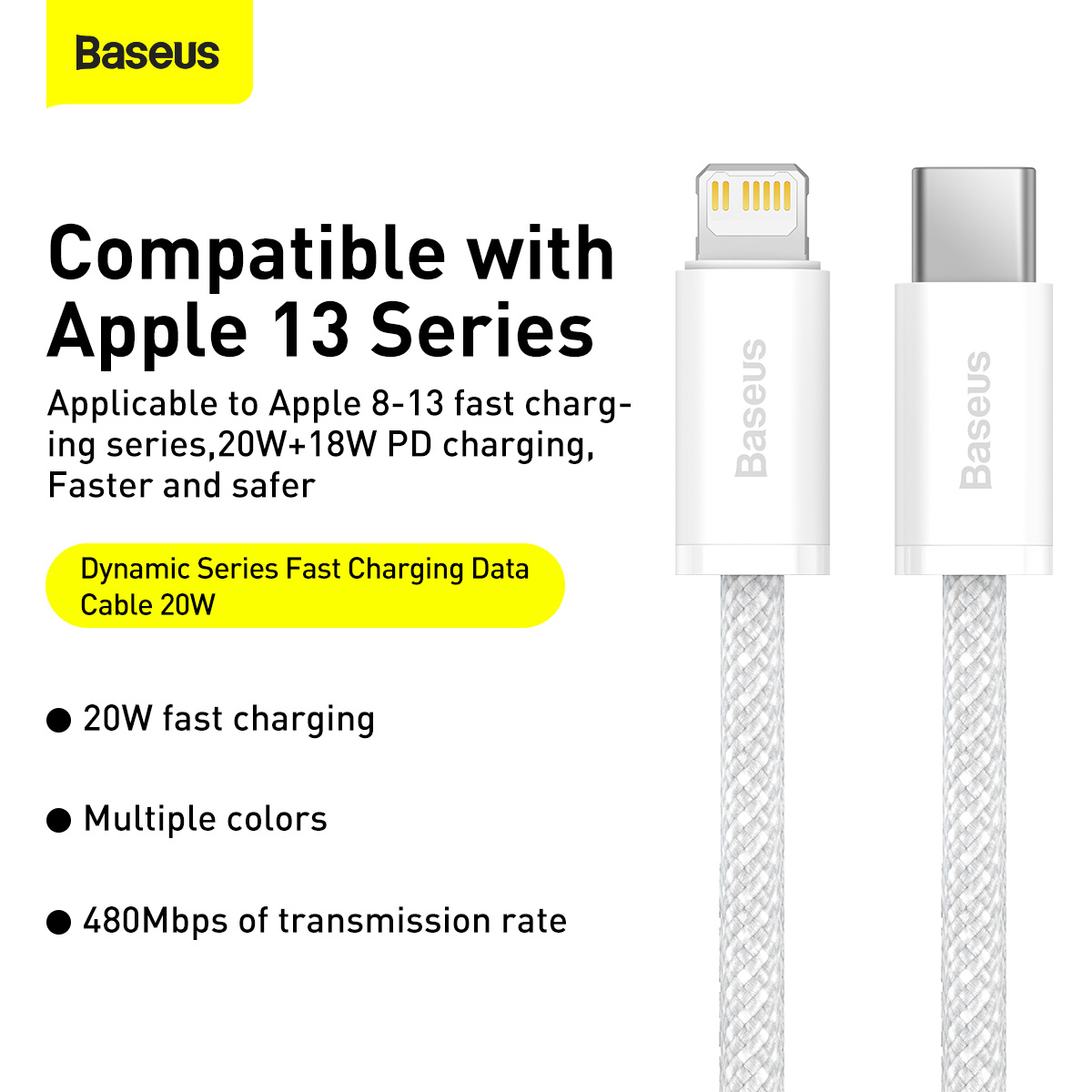 Baseus Dynamic USB-C till Lightning-kabel, 20W, 2m, vit