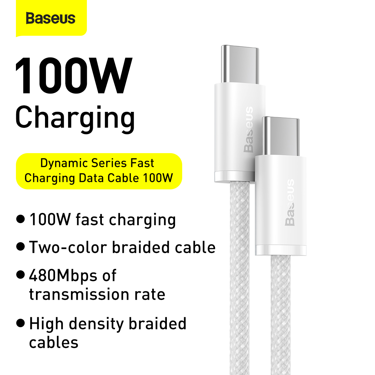 Baseus Dynamic USB-C till USB-C kabel, 100W, 2m, vit