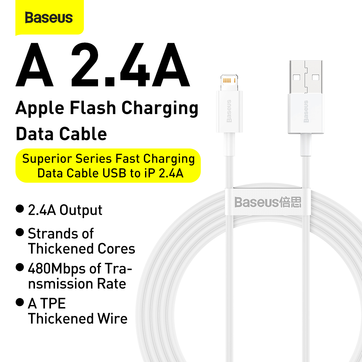 Baseus CALYS-02 Superior Lightning-kabel, 2.4A, 0.25m, vit