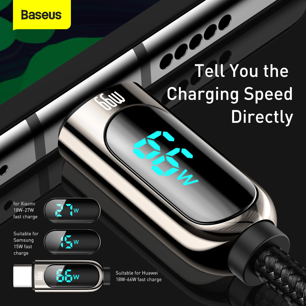 Baseus Display USB-A till USB-C kabel, 66W, 6A, 1m, svart